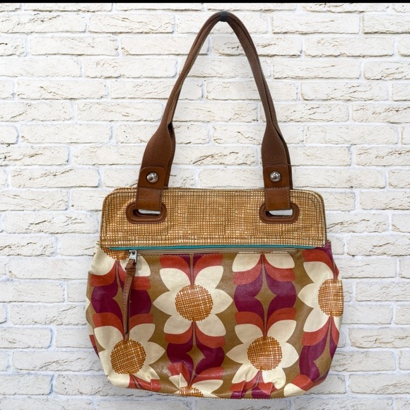 Fossil Key Per Floral Patterned Tote Bag - Brown and Burgundy - Picture 2 of 9
